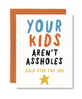 Card with humorous text and a gold star on a white background