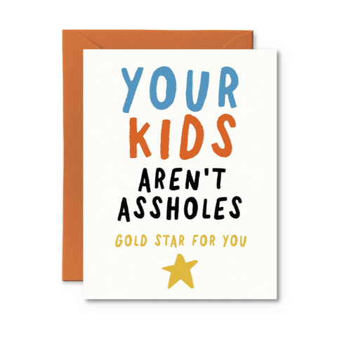 Card with humorous text and a gold star on a white background