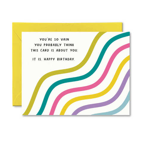 Birthday card with colorful wavy lines and humorous text on a white background