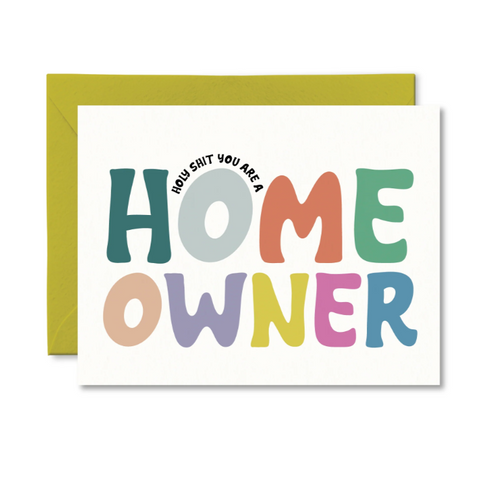 Greeting card with colorful text 'How cute you are a home owner' on a white background