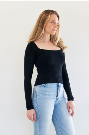 PRIV - TANNER LONG SLEEVE SCOOP NECK TOP | BLACK